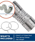 Flexible 4-Ply Aluminum Dryer Vent Duct Kit, 4 Inch Diameter, 8 Feet Long With Clamps, UL Approved, OEM PM8X73, shown with clamps
