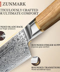 Close-up of the Eight Inch Damascus Steel Chef Knife With A Smooth Olive Wood Handle And Razor Sharp 10Cr15CoMoV Core features.