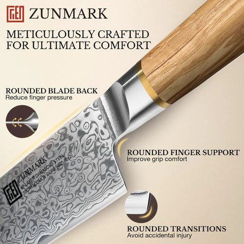 Close-up of the Eight Inch Damascus Steel Chef Knife With A Smooth Olive Wood Handle And Razor Sharp 10Cr15CoMoV Core features.