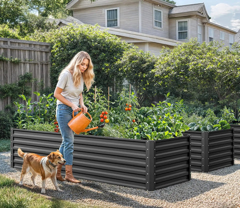 Two Pack Galvanized Raised Garden Bed Kit 6x3x2 Ft Large Metal Planter Box With woman watering outdoor plants