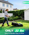 Ultra-Light 14 Inch Cordless Lawn Mower With 20V 2x5Ah Batteries Ultra Quiet Motor For Small Yards Finishes Up To 5,000 Sq Ft On One Charge Easy Push Lightweight Mower For Urban Lawns And Backyard Maintenance, woman pushing black cordless mower on grass