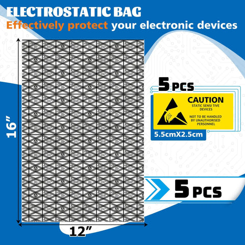 Open Top Antistatic Bags 12x16 Inches Premium ESD Safe Bags With Stickers For Motherboards GPUs LCD Screens Heavy Duty Protection For Your Gear 5 Pack