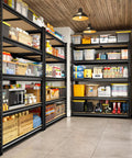 Beefy 2400 Lbs Garage Shelving System With 5 Adjustable Tiers in a home garage, organized with various storage boxes and items.