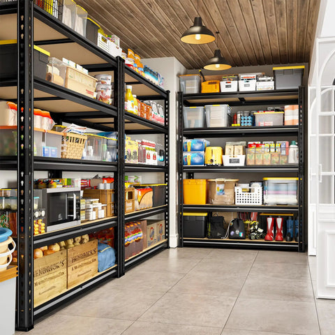 Beefy 2400 Lbs Garage Shelving System With 5 Adjustable Tiers in a home garage, organized with various storage boxes and items.
