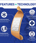 Diagram showing features of Fabric Adhesive Bandages 200 Count Bulk Assorted Sizes With Flexible Breathable Protection 4 Sided Seal Pocket Pad Tech.