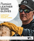 Heavy Duty Leather Work Gloves For Men With Grain Cowhide Leather, Reinforced Palm, Keystone Thumb, Grip Ready, worn by a worker