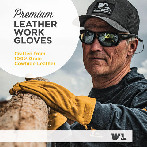 Heavy Duty Leather Work Gloves For Men With Grain Cowhide Leather, Reinforced Palm, Keystone Thumb, Grip Ready, worn by a worker