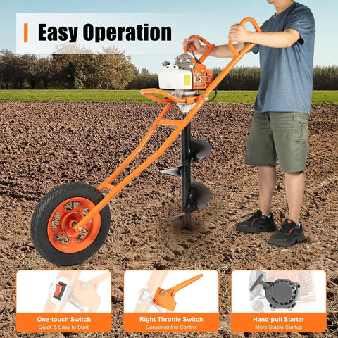 Man operating Gas Powered Earth Auger with 11 inch bit for fence garden and tree planting, showcasing easy operation features.