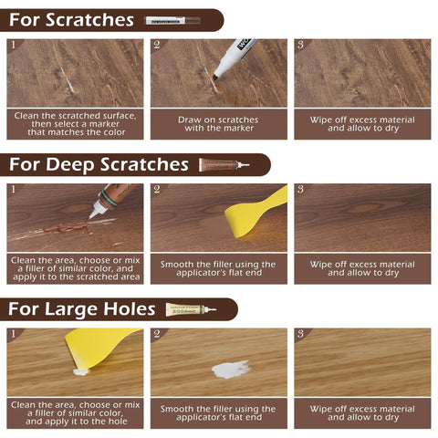 Professional Wood Furniture Repair Kit With Twelve Shade Fillers And Eight Touch Up Markers, usage guide for scratches and deep holes.