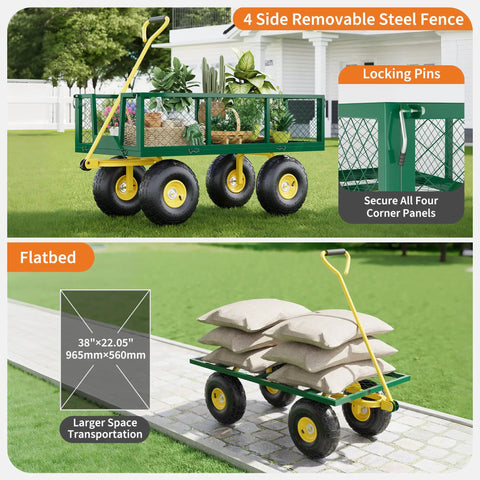 Heavy Duty Steel Garden Wagon Cart With 1400 Pound Capacity Three In One Convertible Utility Cart With 13 Inch Wheels