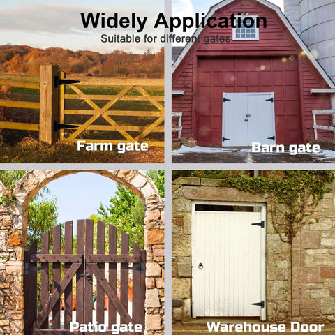 4 Pack 8 Inch T Strap Shed Door Hinges Heavy Duty With Screws For Wooden Fences Yard Gates Barn Doors And Patio Doors Black Powder Coated Rust Resistant visible on farm gate, barn gate, patio gate, and warehouse door