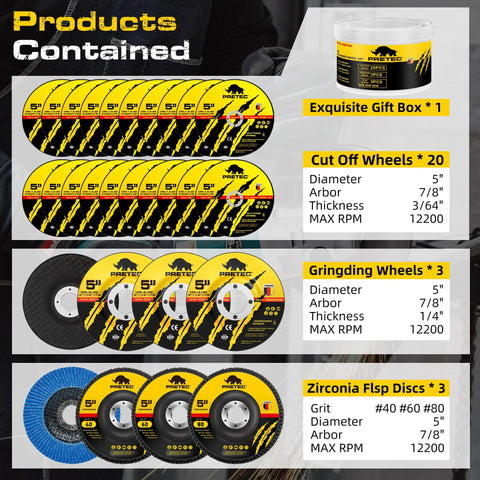 26 Pack 5 Inch Angle Grinder Disc Set With Real Deal Cut Off Wheels And 60 Grit Flap Grinders For Steel Metal And Wood Shop Ready Tool Accessories That Handle Tough Jobs Without Excess Sweat Or Delay showing cut-off wheels, grinding wheels, and flap discs.