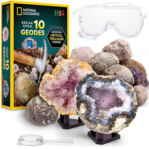 Hands On Geode Break Open Kit For Kids With 10 Premium Geodes And Crystal Treasures Inside, Includes Goggles And 2 Display Stands