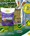 15 Pound Milky Spore Granular Japanese Beetle Grub Control And Repellent For Lawn And Garden Care Organic And Non Toxic All Year Round Protection USDA Certified Safe For Kids And Pets bag on grass with gloves