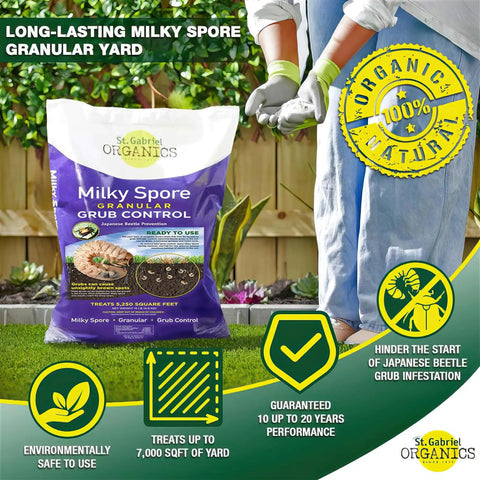 15 Pound Milky Spore Granular Japanese Beetle Grub Control And Repellent For Lawn And Garden Care Organic And Non Toxic All Year Round Protection USDA Certified Safe For Kids And Pets bag on grass with gloves