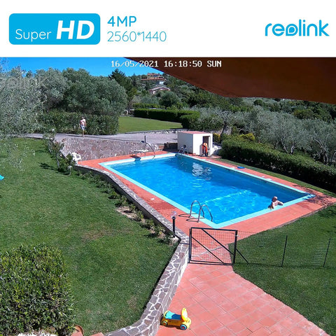 View from 4MP PoE Outdoor Bullet IP Cam Add On For Reolink NVR Systems, 2560x1440 HD Video showing pool and garden area