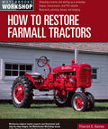 Cover of 'How to Restore Tractors: A Garage Ready, Hands On, Step By Step Guide...' showing a classic red Farmall tractor outside a workshop.