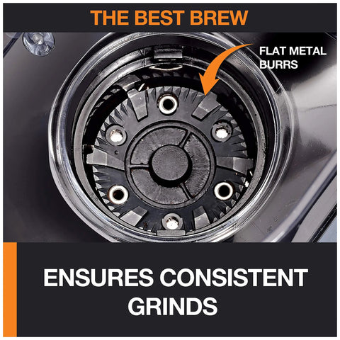Flat metal burrs in Home Barista Ready Burr Coffee Grinder With 12 Grind Settings And 8 Oz Capacity For Drip French Press Espresso