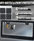Image showcasing anti-rattle and paint protection pads for the Slick Pure Carbon Fiber License Plate Frame for Cars.