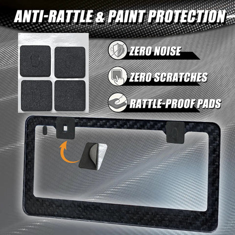 Image showcasing anti-rattle and paint protection pads for the Slick Pure Carbon Fiber License Plate Frame for Cars.