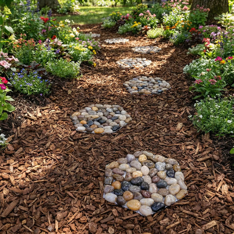6 Pack Natural River Rock Hexagon Stepping Stones For Garden Pathway Mats With Non Slip Mesh Backing on garden path with flowers