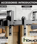 Black Rustic Double Track U Shape Bypass Sliding Barn Door Hardware Kit For Two Doors 9ft Flat Track Anchor Design Rollers installation accessories