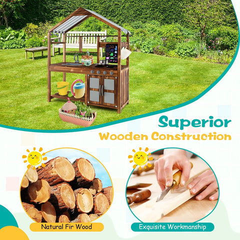 Outdoor Mud Kitchen For Kids With Canopy Wooden Pretend Play Kitchen Chalkboard Four Stoves Removable Sink Pots And Accessories