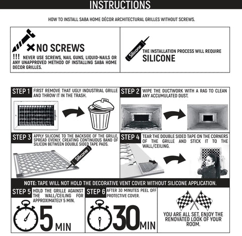 Installation instructions for Decorative Acrylic Air Vent Cover Grille For Ducts 6x14 Opening And 8x16 Overall White Finish