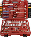 Pro Grade 122 Piece Mechanics Tool Set With Sockets And Ratchets In SAE And Metric For Auto And Home Repairs Built With Chrome Vanadium Steel For Durability And Versatility shown in a red case