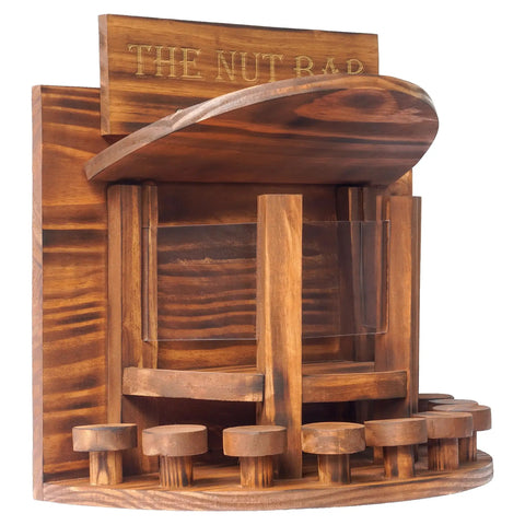 Crescent Wooden Squirrel Feeder Table For Outdoor Use with transparent sides and seed tray, trapezoidal shape for multiple squirrels.