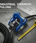 Heavy Duty Cable Puller Sheave For Smooth Wire Rope Pulling And Cable Feeding Industrial Grade Wheel On Blue Frame with Tape Measure