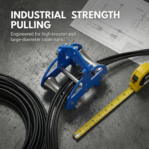 Heavy Duty Cable Puller Sheave For Smooth Wire Rope Pulling And Cable Feeding Industrial Grade Wheel On Blue Frame with Tape Measure