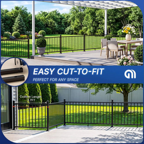 Top Shelf 6063 Aluminum Deck Railing Kit 36 Inch High By 4 Feet Wide Modular Porch Guard in landscaped outdoor setting.
