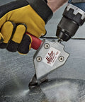 Turbo Sheet Metal Shear Attachment for drills in use, cutting metal with lightweight aluminum head, attached to cordless drill, 20 gauge capacity