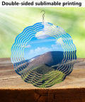 Five Pack Eight Inch Round Sublimation Wind Spinner Blanks In Stainless Steel For Outdoor And Indoor Garden Decor with mountain view