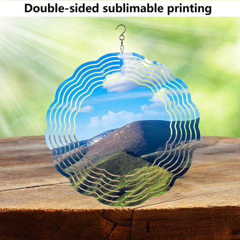 Five Pack Eight Inch Round Sublimation Wind Spinner Blanks In Stainless Steel For Outdoor And Indoor Garden Decor with mountain view