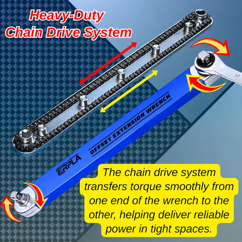 Offset Extension Wrench Set With Chain Driven Ratchet, 15.4 Inch Reach, Heavy-duty alloy steel wrench with chain drive mechanism