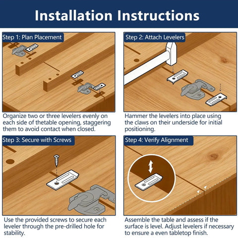 Installation instructions for 12 Sets Table Leaf Leveler Locks With Buttery Smooth Gliding Bars, Heavy Duty Extension Hardware Kit.