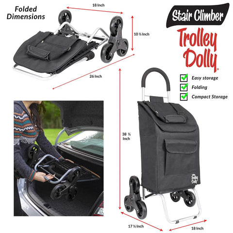Stair Climber Trolley Dolly Cart With 6 Wheel Design, folded and full view, easy storage demo in car trunk, black