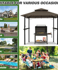 8x5 Ft Outdoor Grill Gazebo With Double Roof Canopy And LED Lights, 2 Side Shelves shown installed with BBQ setup in backyard