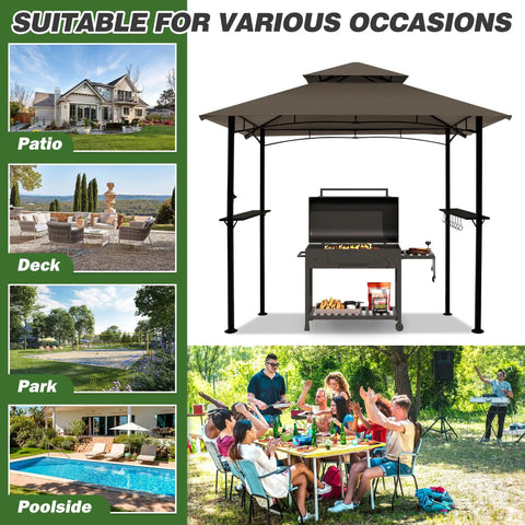 8x5 Ft Outdoor Grill Gazebo With Double Roof Canopy And LED Lights, 2 Side Shelves shown installed with BBQ setup in backyard