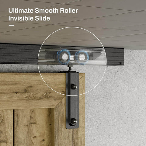 Ceiling Mount Box Rail Barn Door Hardware Kit For Double Doors installed, close-up of sliding track with smooth roller.