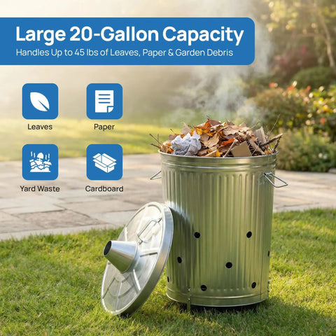 Beefy 20 Gallon Galvanized Steel Incinerator Can With Lid And Vent Holes For Outdoor Burning Of Leaves Paper Yard Waste