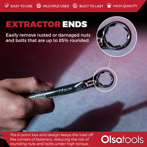 Close-up of 7 Piece Offset Bolt Extractor Wrench Set With 6 Point Box End, showing 17mm size in use removing rounded bolt.