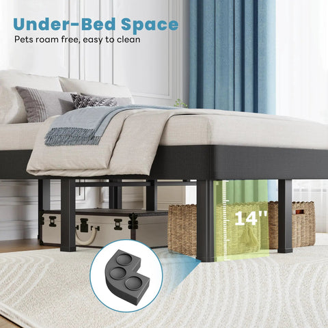 King Size Box Spring And All In One Mattress Foundation 18 Inch Steel Frame under-bed space for storage, 14-inch clearance.