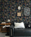 Slay Your Walls With This Dope Blue Boho Wallpaper Peel And Stick Vintage Floral Pattern Removable Self Adhesive Vinyl Roll For Bedroom Bathroom DIY Refresh Smooth Operator Vibes Upgrade Game on black sofa with decorative pillows.
