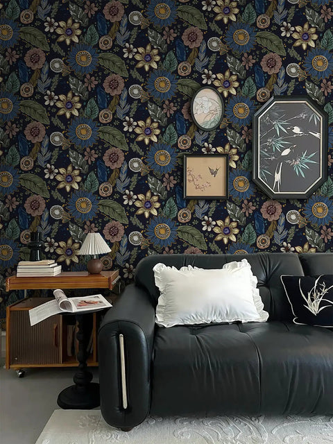 Slay Your Walls With This Dope Blue Boho Wallpaper Peel And Stick Vintage Floral Pattern Removable Self Adhesive Vinyl Roll For Bedroom Bathroom DIY Refresh Smooth Operator Vibes Upgrade Game on black sofa with decorative pillows.