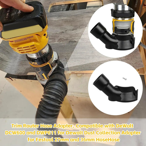 Universal Dust Collection Hose Adapter For DeWalt DCW600 And DWP611 Trim Routers with dual 27mm and 36mm hose ports installed