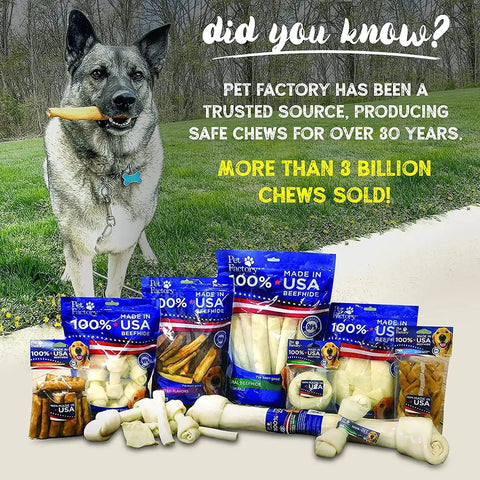 Dog with bone in mouth next to packages of Braided Beefhide Dog Chews With Peanut Butter Flavor 7 Inch Long USA Made.
