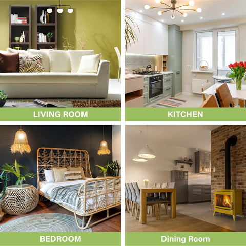Living room, kitchen, bedroom, and dining room interiors with various lighting designs and decor styles.
